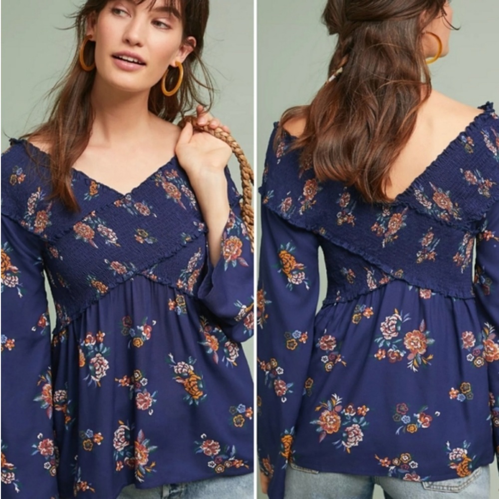 Anthro Ranna Gill Floral Navy Smocking Criss Cross Size Small